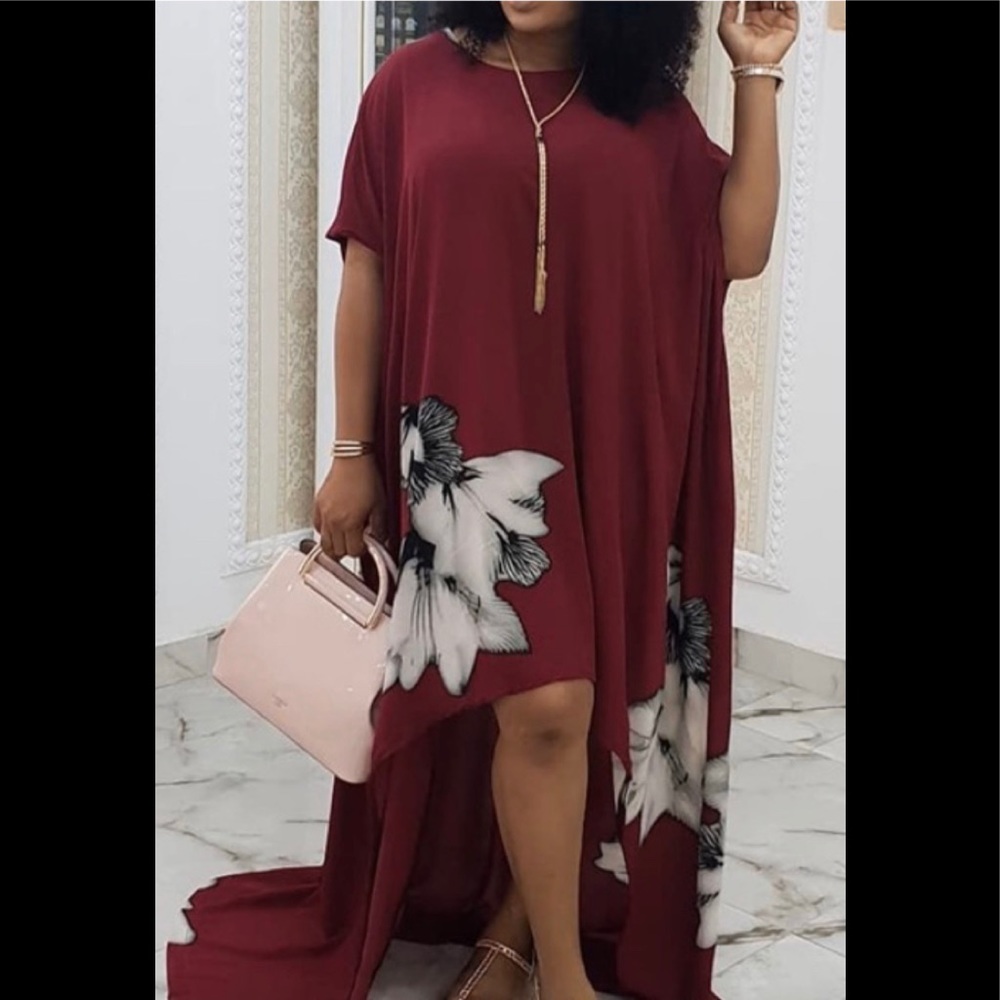 Burgundy dress with Long train and floral print